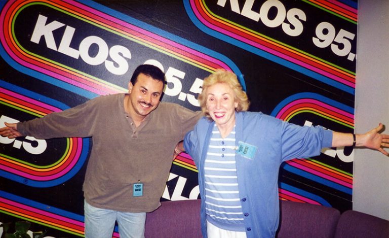1995 - Betty Bethards getting interviewed on KLOS Radio with Rafael Rameriz, an ILF Board Member, in attendance